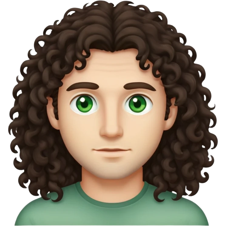 man with long dark brown curly hair and light green eyes emoji