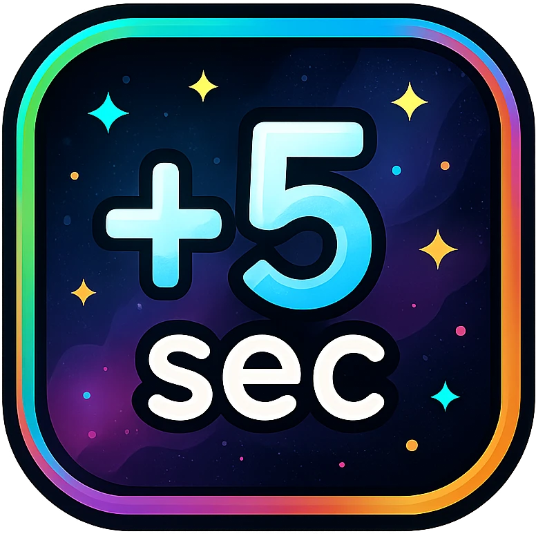 +5 sec icon with dark purples, blues, black base, neon glowing border, nebula gradients, small bright stars, subtle glow, specular highlights, luminous effect, accent colors cyan, pink, yellow, green, orange, consistent with media controls set emoji