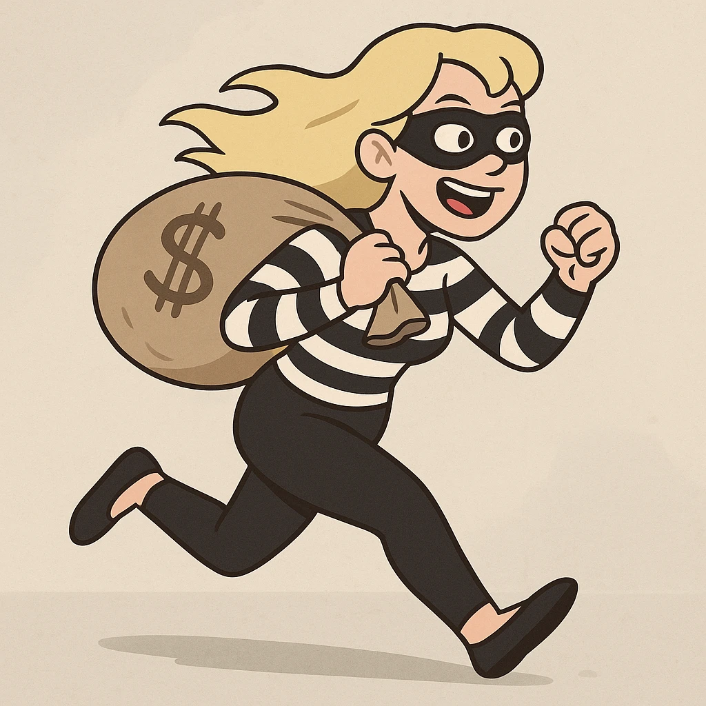 blonde woman in a classic robber outfit, running with loot, flat toon style emoji