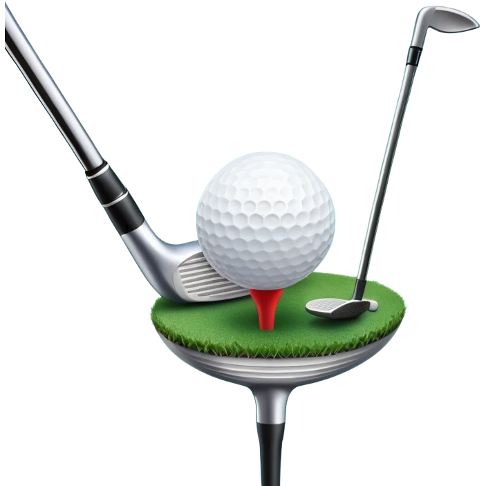 A golf ball on a tee, with a golf club placed beside it on the lush green fairway. The background shows a serene golf course with neatly trimmed grass and a clear blue sky, emphasizing the elegance and precision of the game. emoji