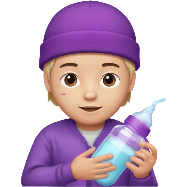 guy with beanie holding a baby bottle with purple liquid emoji