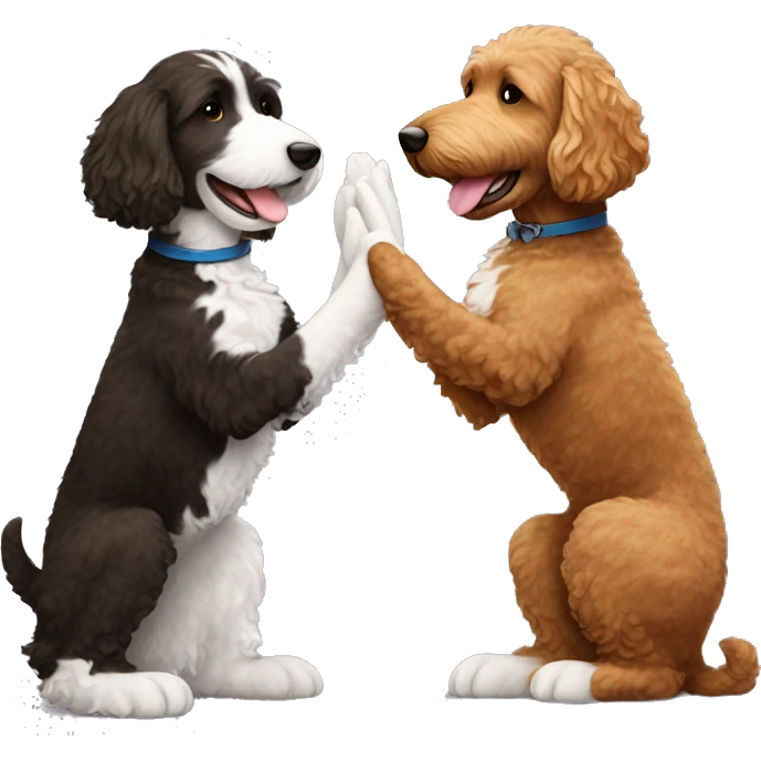 brown goldendoodle dog and black/white dog giving each other a high five emoji