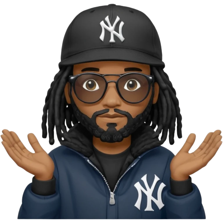 African American man with shoulder length black dreadlocks with black beard wearing black sunglasses wearing a black New York Yankees logo baseball cap wearing a black bubble winter coat with hands down with both palms facing down emoji
