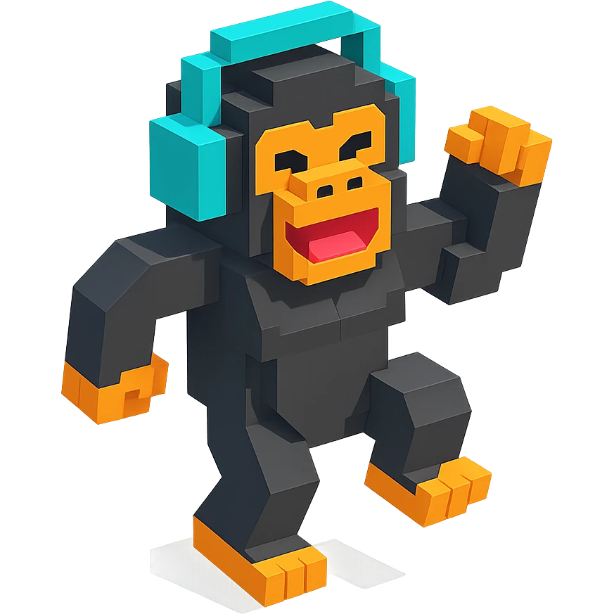 gorilla with headphones dancing, isometric view, voxel style emoji