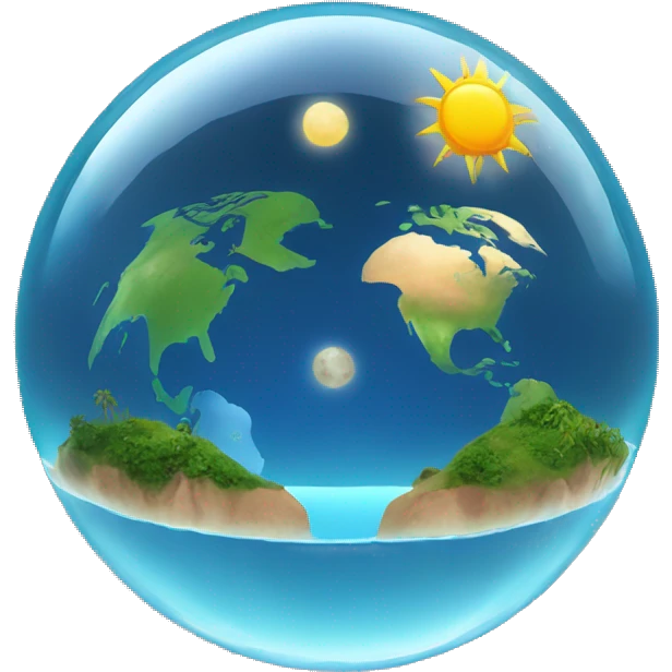 earth inside a fishbowl dome with the sun on the right side and the moon on the left side both inside the dome with islands and water surrounding them emoji