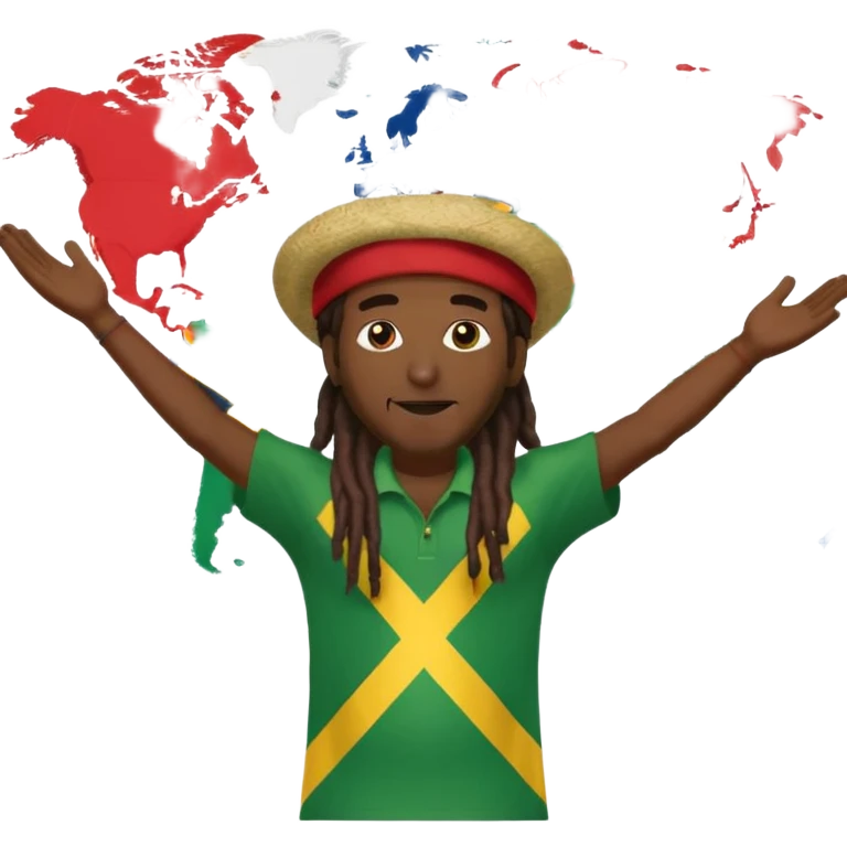 Rasta man with arms wide open 🙌🏾🔥 standing in front of world map 🌍🎶 with every flag 🇯🇲🇺🇸🇬🇧🇫🇷🇮🇳🇧🇷🇳🇬 saying ONE LOVE 💛💚❤️ to di world 🌐🦁 emoji
