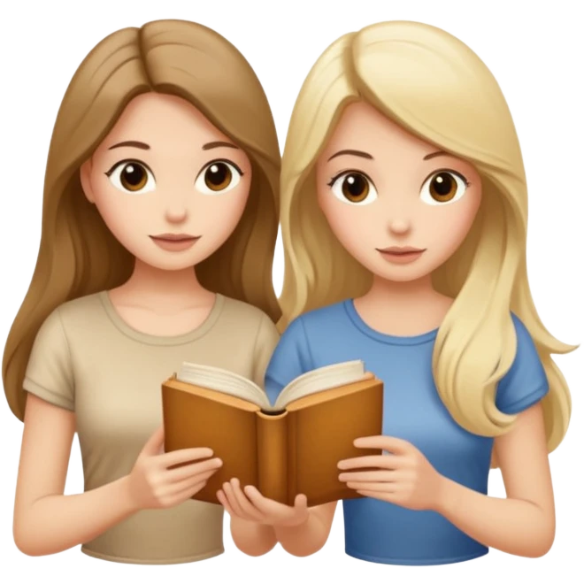 two beautiful girls in beige tops reading a beautiful vintage book. one brunette, the other blonde. both with long hair with emoji