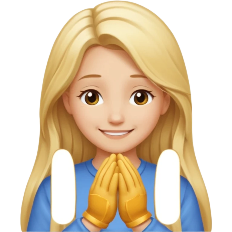 Girl with long blonde hair smiling with chin resting on flat hands facing down emoji