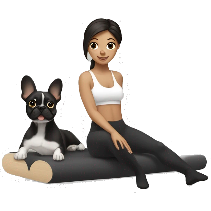 white brunette  pilates with black frenchie emoji