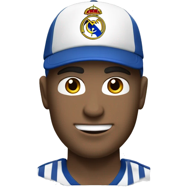 Chico de piel blanca con una gorra azul con, una camisa de futbol del equipo de futbol Real Madrid y Con unos pantalones oscuros emoji