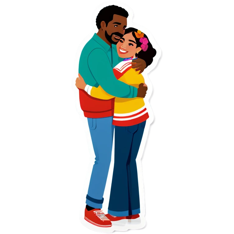 Taller African American man hugging mexican woman emoji