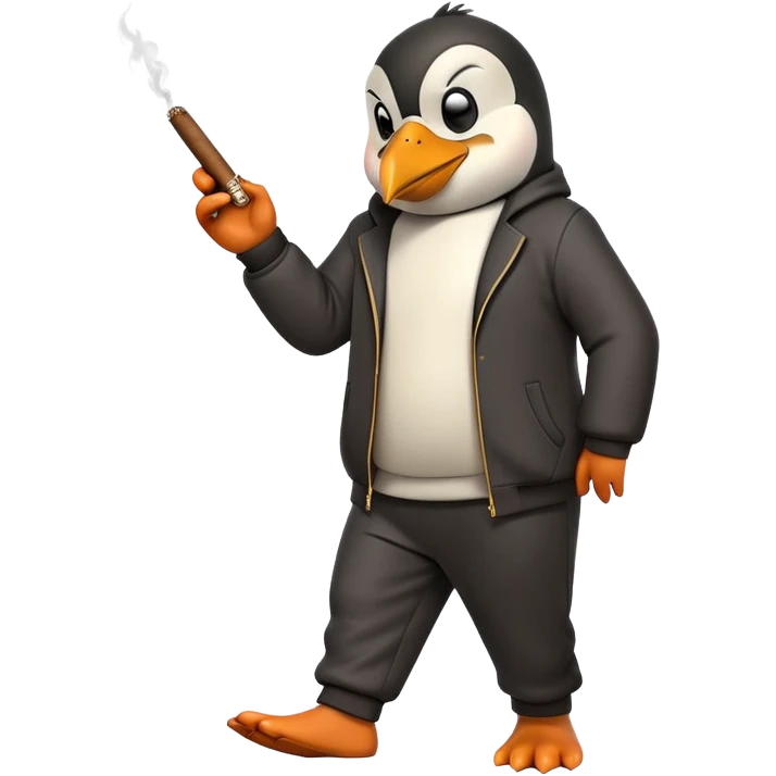 friendly anthropomorphised penguin wearing a mafia-style tracksuit, holding a cigar, secretive scheming pose, angry expression, stomping while walking emoji