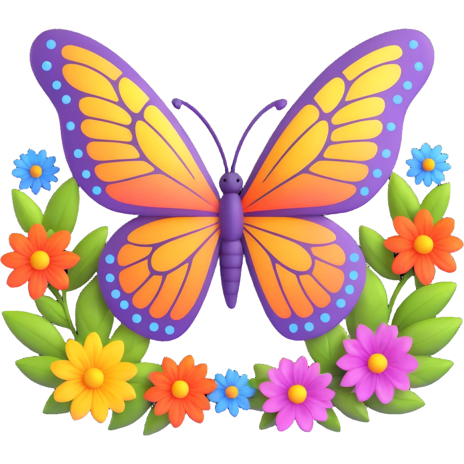Add various colorful flowers and decorative nature motifs around the butterfly, maintaining the magical, 3D cartoon, digital fantasy art style with transparent background and all existing effects (glowing outline, sparkling accents, magical particles, elegant wings). emoji