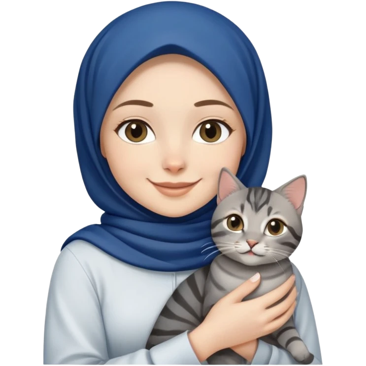 White girl wearing dark blue hijab with white shirt smiling while holding a black grey tabby cat emoji