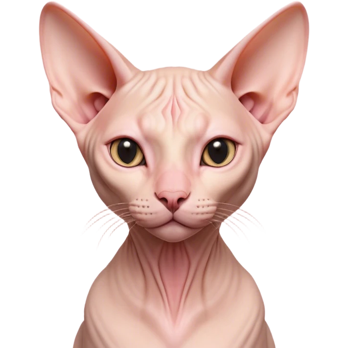 Cinematic Noble Sphynx Cat Portrait Emoji, Poised and regal, with smooth, hairless skin in warm peach and soft pink tones, striking large ears and intense almond-shaped eyes, Simplified yet sharp and sophisticated features, highly detailed, glowing with a soft, dignified glow, high shine, intelligent and graceful, stylized with an air of elegance, focused and attentive, soft glowing outline, capturing the essence of a watchful and refined feline, so majestic it feels as though it could glide across the screen with effortless confidence! emoji