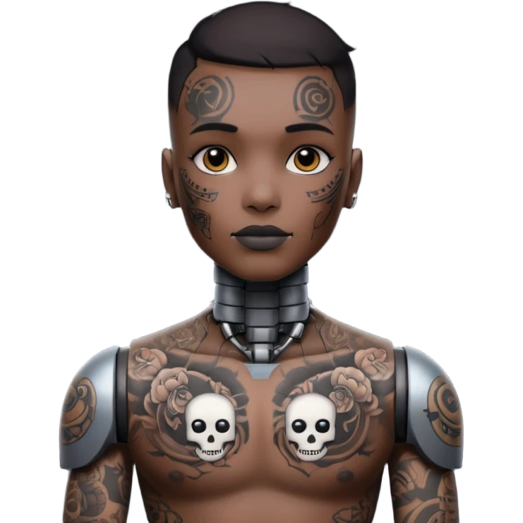 black Tatooed robot, big many tatooes on chest, neck and face, white tatoo on face emoji