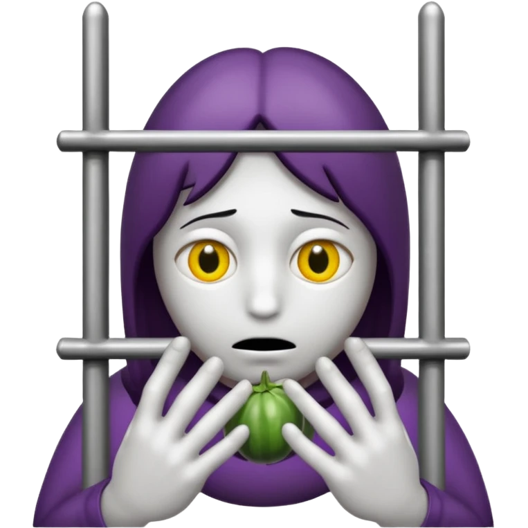 Smutna buźka z bakłażanami w miejscach oczu. Buźka jest za więziennymi kratami trzymając się ich rękami emoji