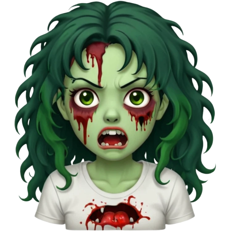 a zombie with long curly black hair volumoso, brown eyes, a white t-shirt and a splash of blood on her t-shirt, mouth open like a zombie, green skin color, not much expression, no drawing on shirt, no hands showing, less blood on her face, less blood, black hair and black eyes emoji