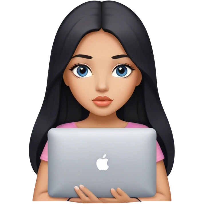 Glamours, tanned, very beautiful girl, with big pump peach lips, black straight smooth silky long hair, straight parting, blue-grey eyes, holding MacBook emoji