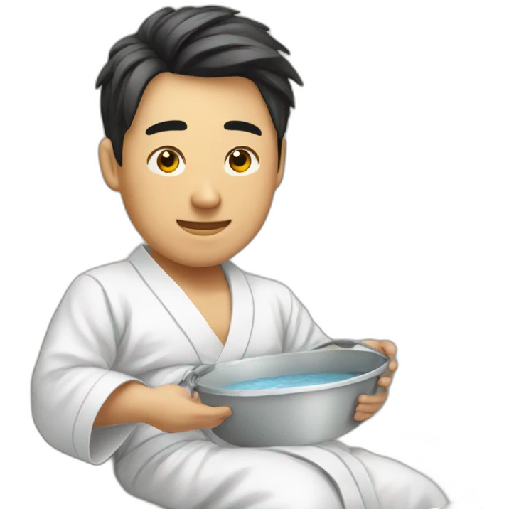A Korean man in a bathrobe on the couch with a bucket emoji