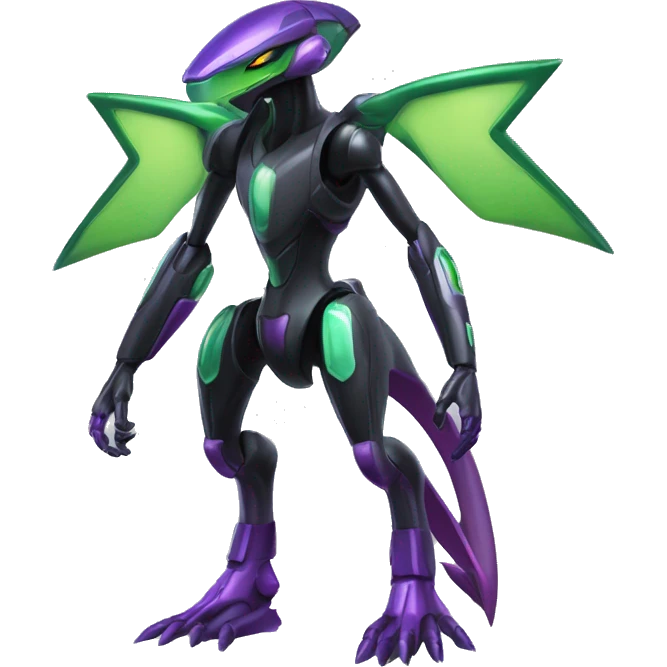 a shiny black-green-purple Genesect-Flygon-Raptor-Fakémon-Medabot-hybrid with a futuristic visor-helmet full body emoji