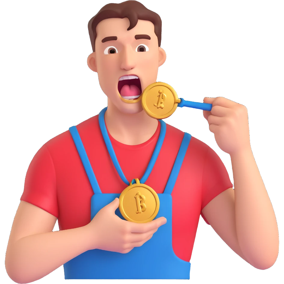 a man struggling to bite an iron medal, exaggerated effort emoji