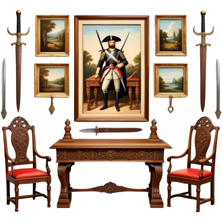 Icon for Antiques Collecting: vintage intricately carved furniture, famous paintings, antique swords, and rifles. The items are displayed on a wooden table or shelf. The icon should evoke the rich history and craftsmanship of antique collecting. Transparent background. emoji