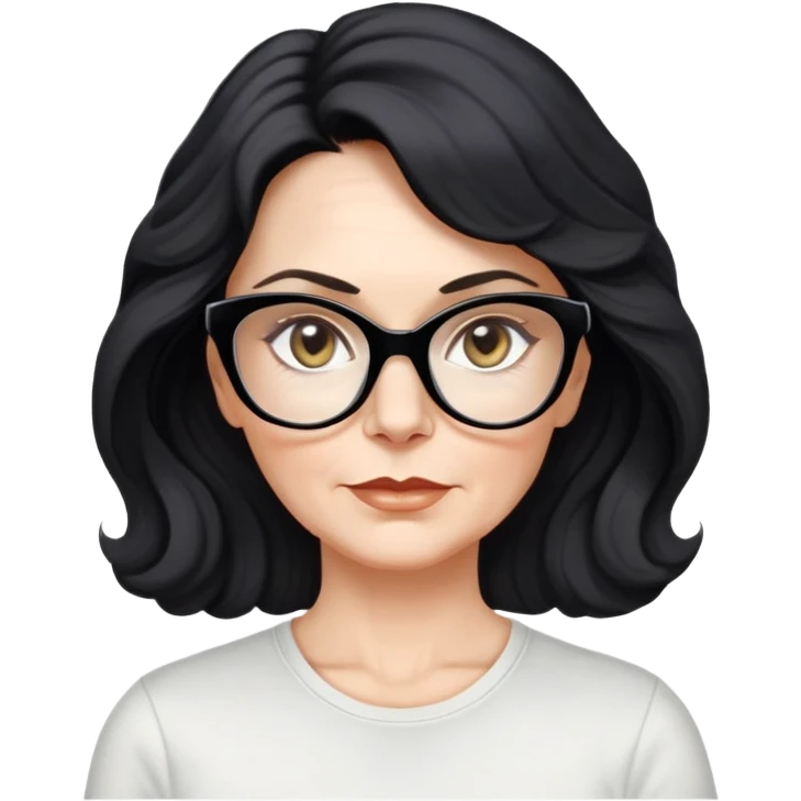 white woman about 50 years old with light warm skin, wavy black hair to the neck, neutral determined expression, large black shiny butterfly or cat-eye glasses, white casual t-shirt, calm and creative energy emoji