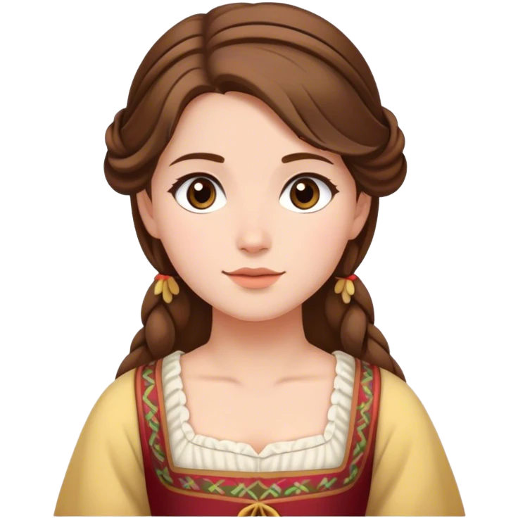 Cinematic Serene Belle Portrait Emoji, rendered in a simplified vector style. Depict a gentle Belle (chest and above) with fair, glowing skin, softly cascading brown hair, and a calm, inviting expression, dressed in her traditional village dress. The image exudes a soft, luminous glow and is outlined with a subtle, warm light. emoji