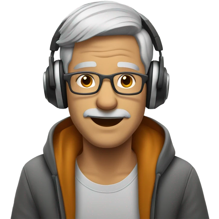 Grey hair man listeini g to muaic emoji