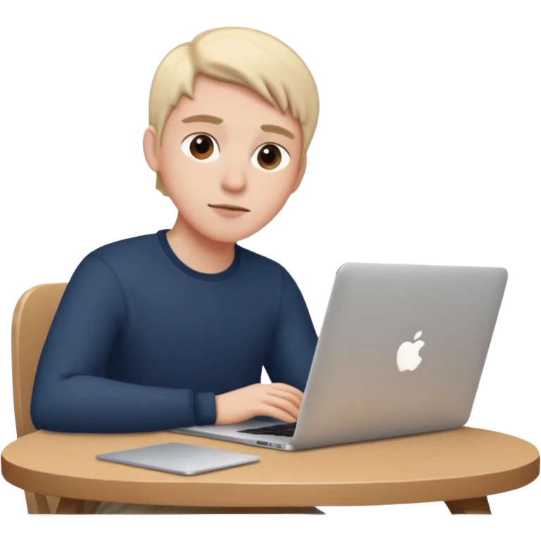 ученик учит английский язык за столом дома с макбуком прямо emoji