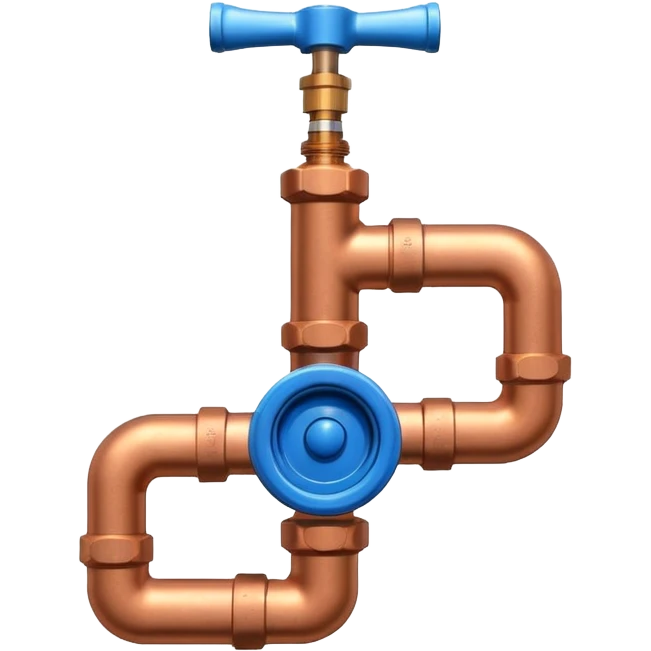 3D icon of connected copper pipes with a blue valve in the center, professional Pixar-like style, plumbing-focused, slightly shiny metallic textures, white background



 emoji