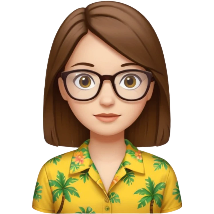 Hawaii female with white skin. Shoulder length straight brown hair. Brown eyes with glasses. Female wearing yellow Hawaiian print shirt. emoji