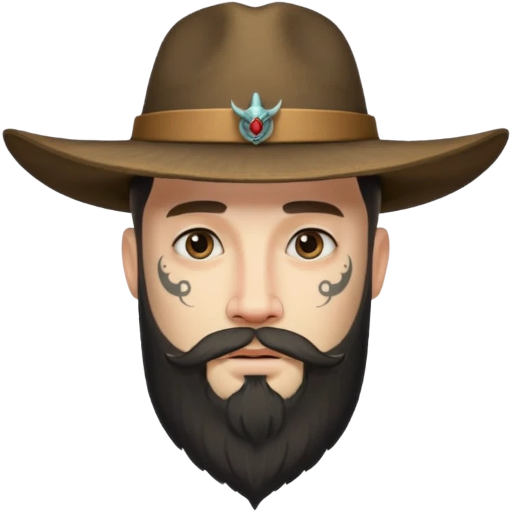 Bearded figure — large hat, faint horn symbols, tattoo on face emoji
