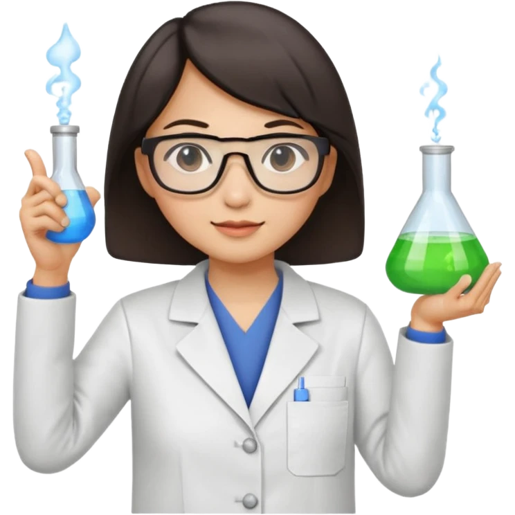 female asian chemistry teacher wearing glasses holdin a flask pointing right with straight short hair to her shoulders emoji