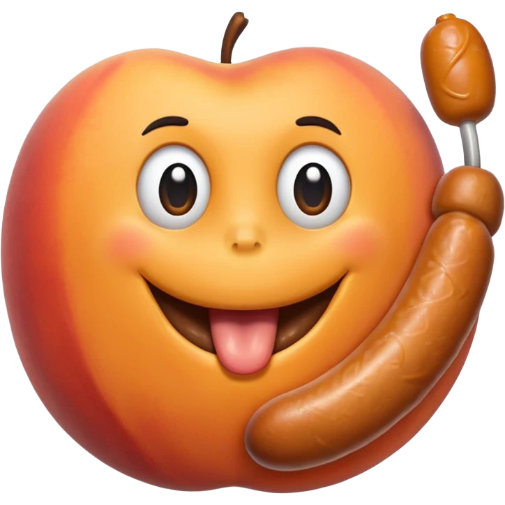 A peach with handmarks with a big bratwurst in his mouth emoji