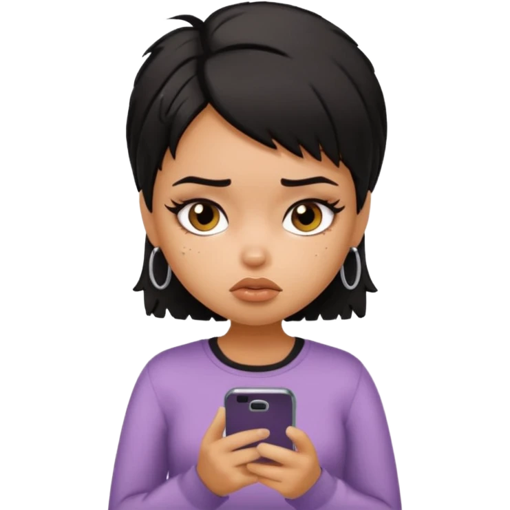 generate a pretty bratz girl with short black mess hair, looking tired and using her phone emoji