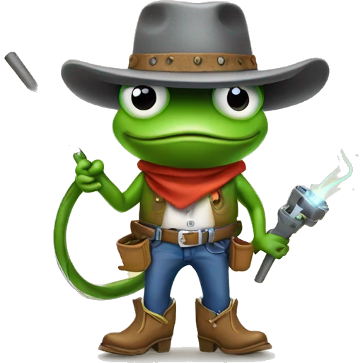 Generate a frog wearing a cowboy hat and boots welding a lasso  emoji