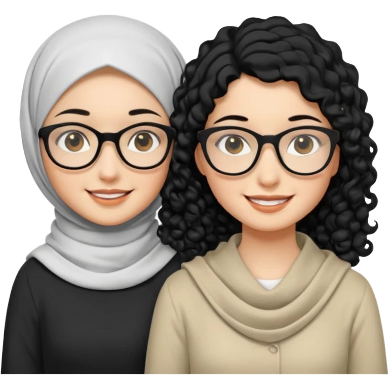 White hijabi girl with black eyes with another girl have long black hair wearing glasses with  another another girl have curly short  honey hair and wearing white glasses  emoji