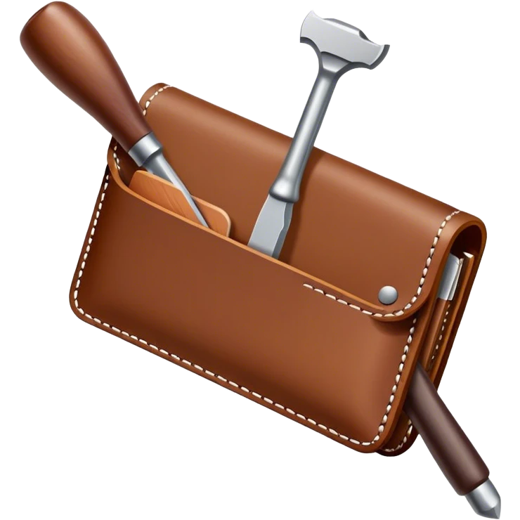 Leatherworking icon, piece of raw leather being crafted into a leather wallet or belt, professional tools like leather stitching awl, edge beveler, hammer, prying tool, minimalistic style, clean lines, transparent background. emoji