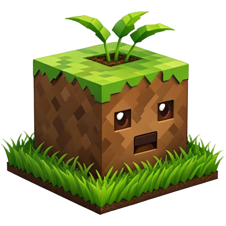 A 3D Apple-style emoji of a Minecraft grass block, cubic shape, with bright green grass on top and brown soil with pixel texture on the sides, simple and cute cartoon design. emoji
