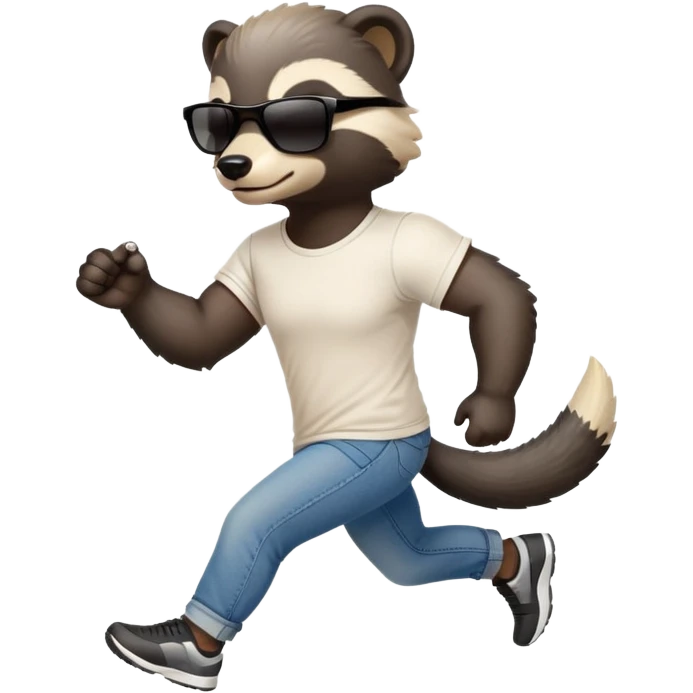 friendly anthropomorphised honey badger in jeans and a t-shirt, wearing sunglasses, jogging upright, relaxed pose emoji