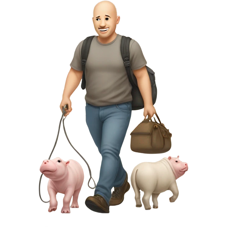 Bald man walking a bunch of Pygmy moo deng hippos by leash emoji