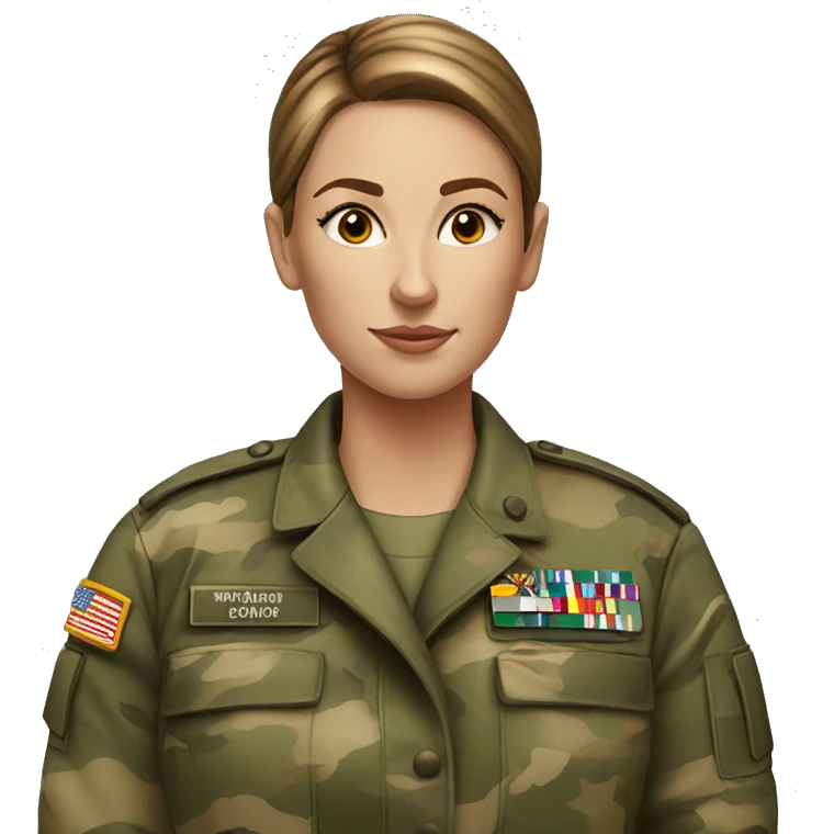 White freckled Woman in camo military uniform , brown hair, sleek hair bun emoji