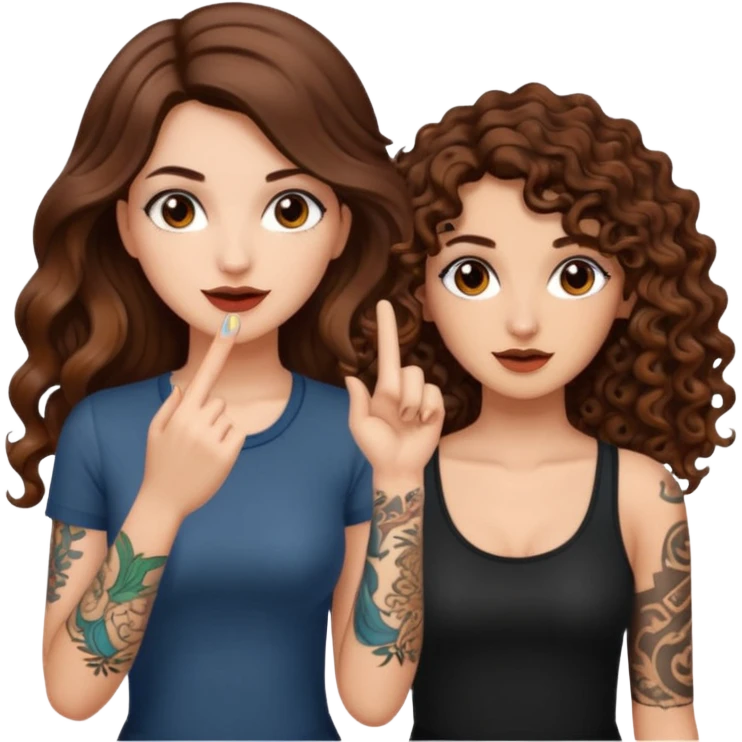 finger snap idea — long wavy brown hair tattooed woman and short tight curly brown hair woman — spark flash emoji