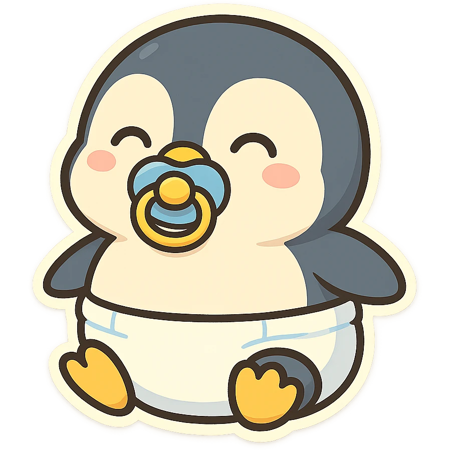 chubby penguin with a diaper and a pacifier, cheerful and childlike emoji