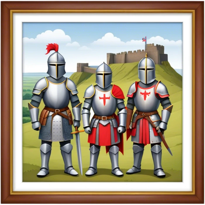  historical reenactment scene with knights in armor standing near Hadrian's Wall, emphasizing the division between Scotland and England. emoji