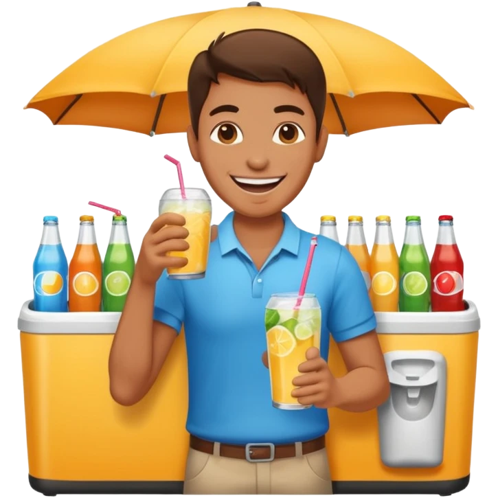 A vendor with a big beverage cooler, offering cold drinks with a wide grin emoji
