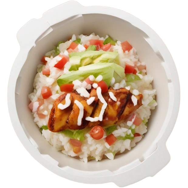 Chipotle bowl with chicken white rice cheese pico queso and lettuce in the white cardboard oval shaped bowl emoji