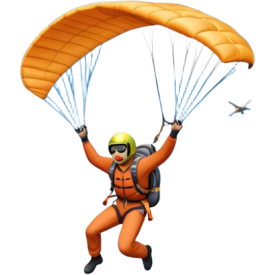 A base jumper soaring through the sky, with a parachute deployed, gliding over a dramatic cliffside or tall building. The background showcases a vast landscape below, with clouds and open skies, emphasizing the adrenaline and freedom of the sport emoji